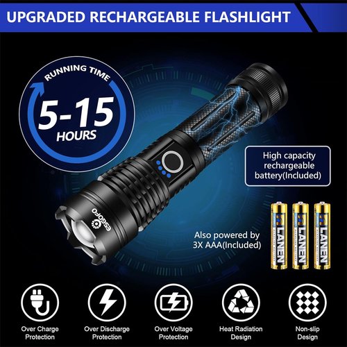 Esgofo High Lumens 100000 Rechargeable Flashlight - Super Bright LED, Waterproof, Ideal for Hiking & Camping