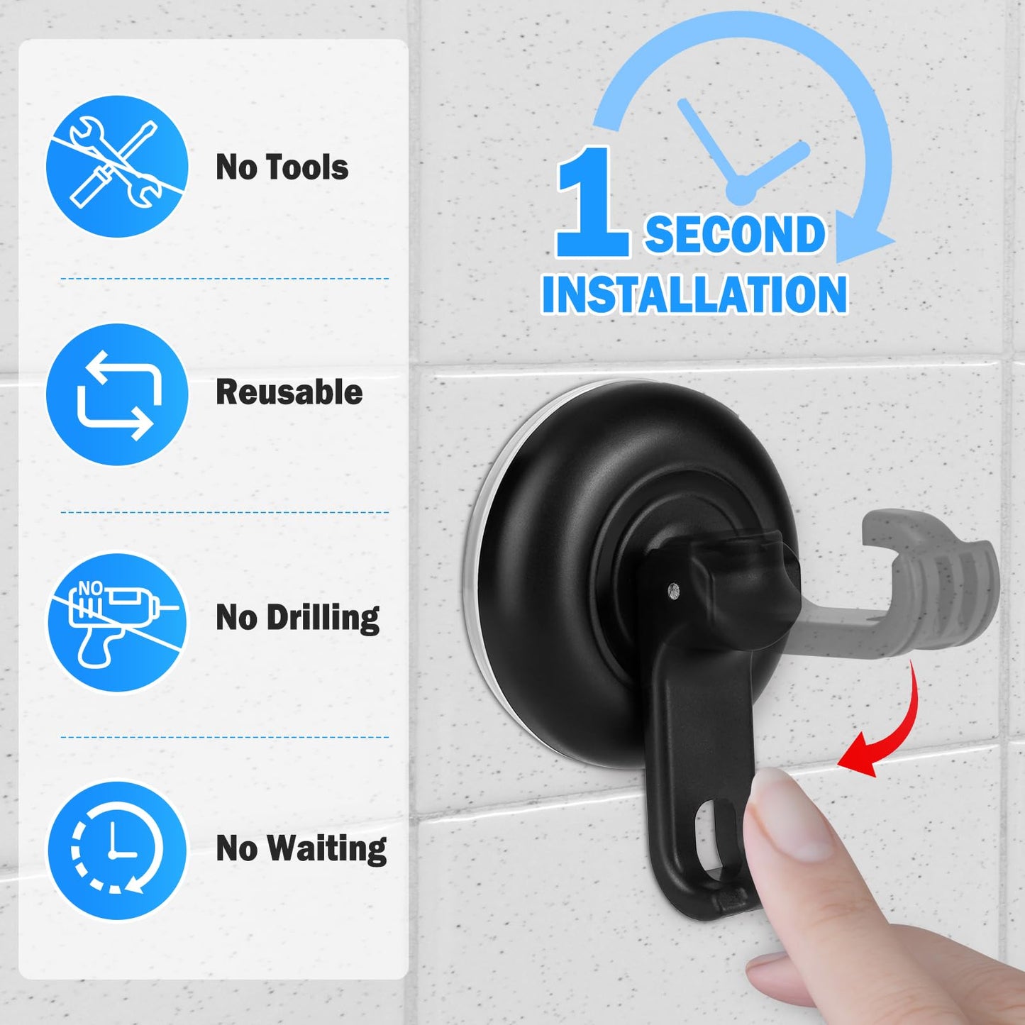 TACGEA Suction Cup Hooks for Shower, Powerful Vacuum Shower Hook for Towel, Robe, Loofah - Reuseable and Removeable Bathroom Hook, Black, 4 Pack