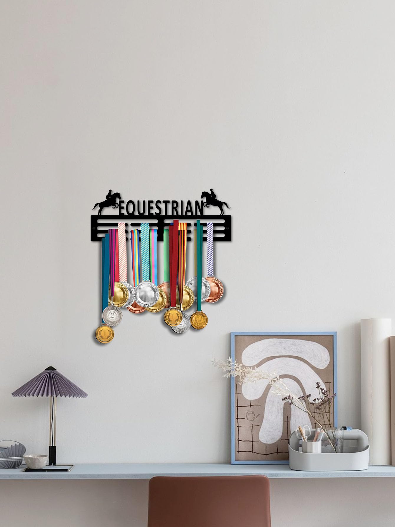 Resama Equestrian Horse Rider Metal Medal Hanger Rack, Black Iron Equestrian Silhouette Sports Award Medal Display Holder, Wall Mount Medal Organizer for Horse Equestrian Barn Farm Home Decor Gifts