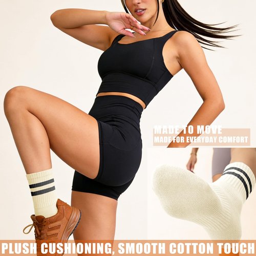AugRing Women's Striped Cotton Crew Socks Cozy Casual Athletic Quarter Socks for Running & Gym Size 5-11 (US, Numeric, 5, 10, Regular, Regular, 4 Pairs-Light Beige/Grey/Porpoise/Black, Non-Cushioned)