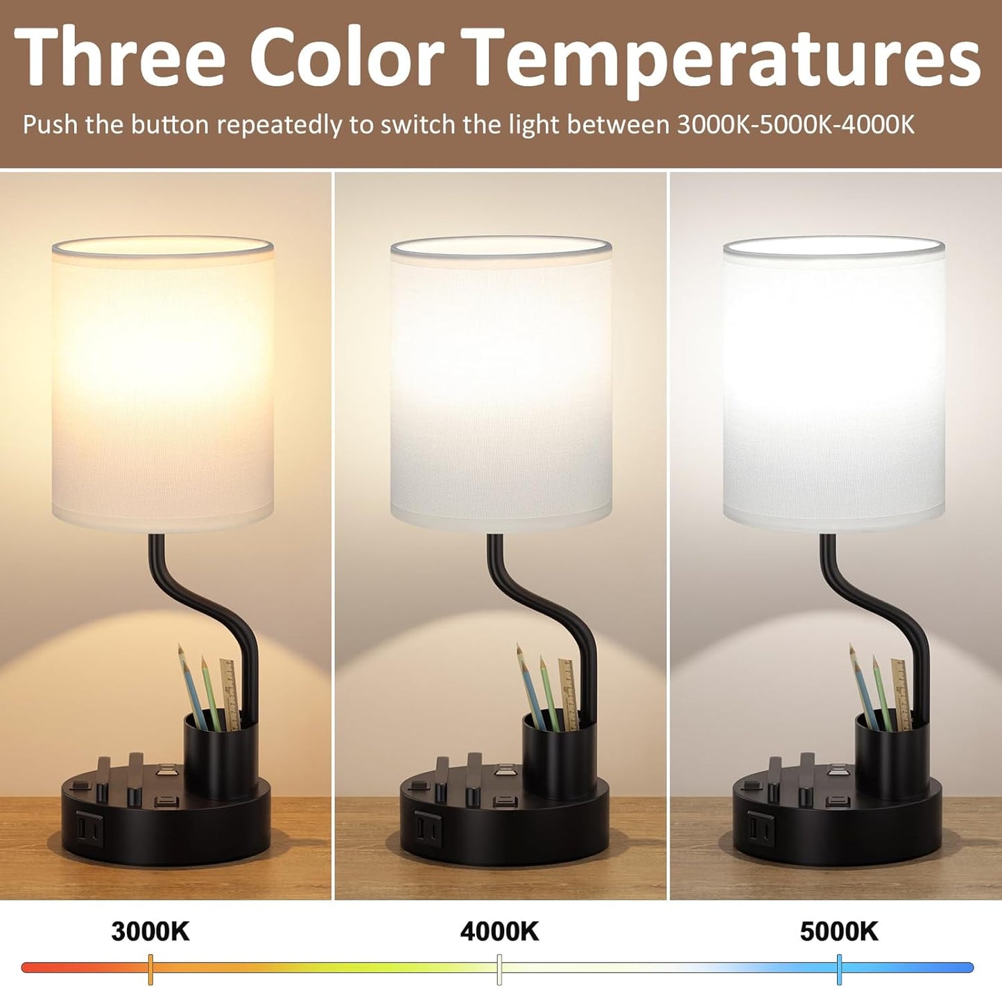 Set of 2 Bedside Table Lamps with USB & AC Outlet - 3 Color Temperatures, Desk Light & Phone Stand for Bedroom, Living Room, Office
