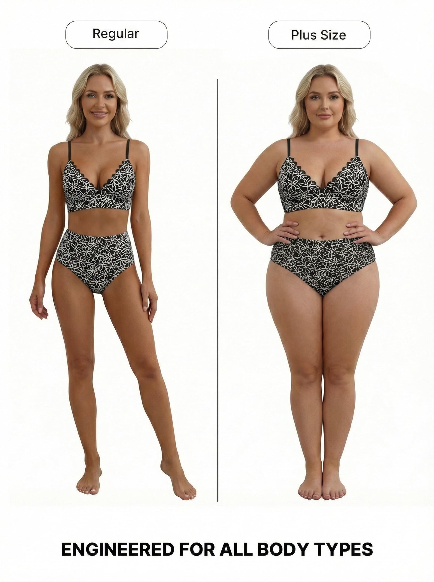 Herseas Women's Embroidered Flowers 2 Pieces Black Bikini Sets Scalloped V Neck Push Up Swim Suits 2026 High Waisted Lace Up Back Bathing Suits Sexy Cruise Essentials X-Large