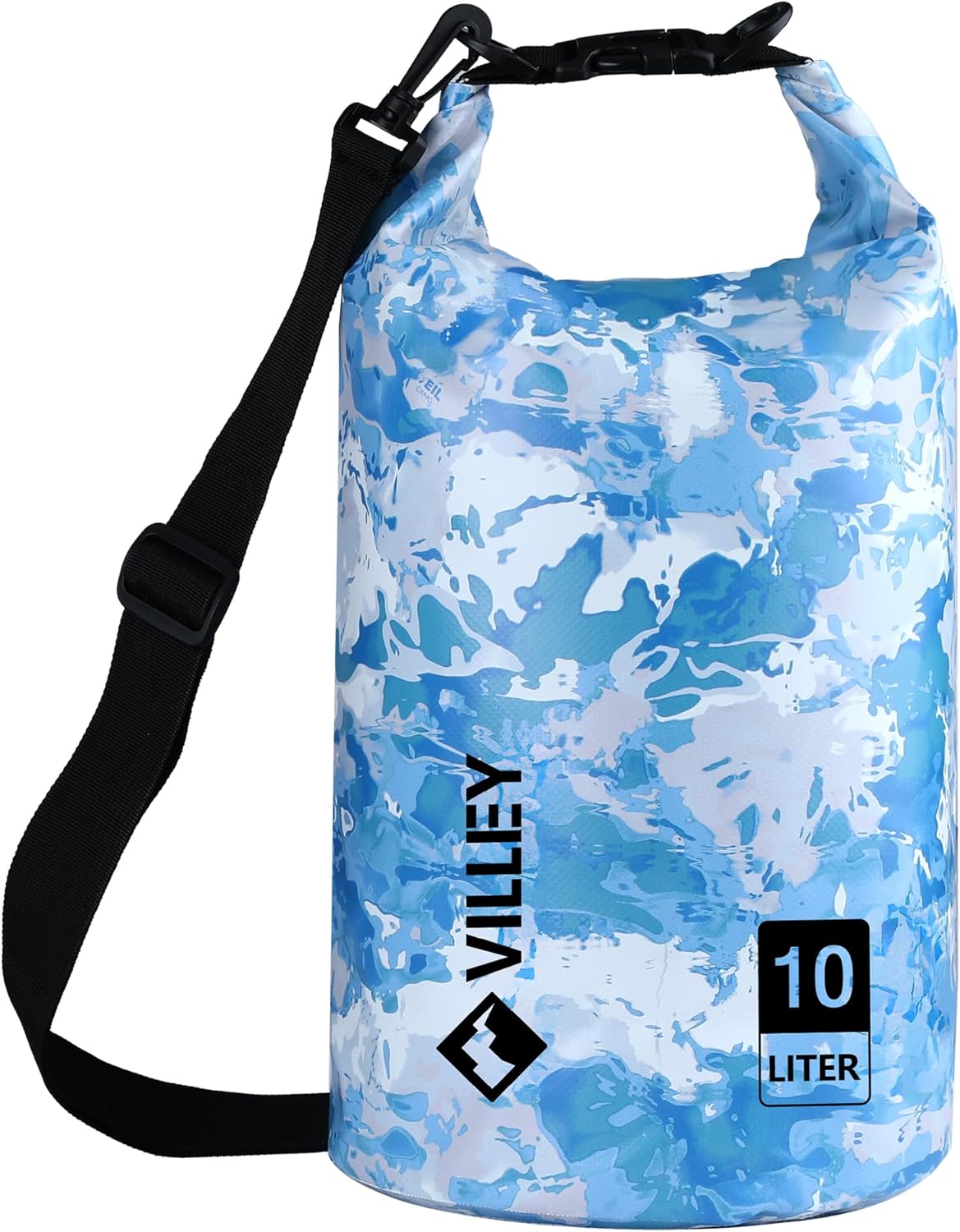 VILLEY Waterproof Dry Bag - 10L Roll Top Backpack for Kayaking, Camping & Beach - Blue Camo