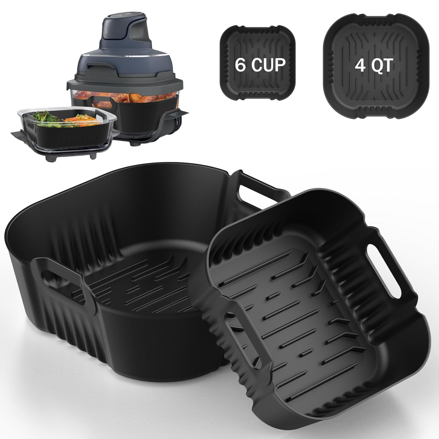 Palksky Silicone Air Fryer Liners for Ninja Crispi 4-In-1 Portable Glass Air Fryer Cooking System, 2Pcs Glass Airfryer Containers Accessories, Large for 4-Qt & Small for 6-Cups Container,Non-Stick