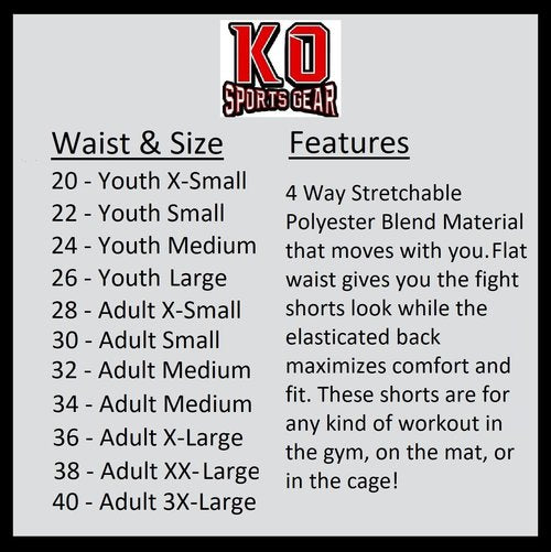 KO Sports Gear Muay Thai, Wrestling, Grappling, BJJ and MMA Shorts for Men and Boys, 4-Way Stretch Fighting Shorts (USA, Adult XS, 28 Inch Waist)
