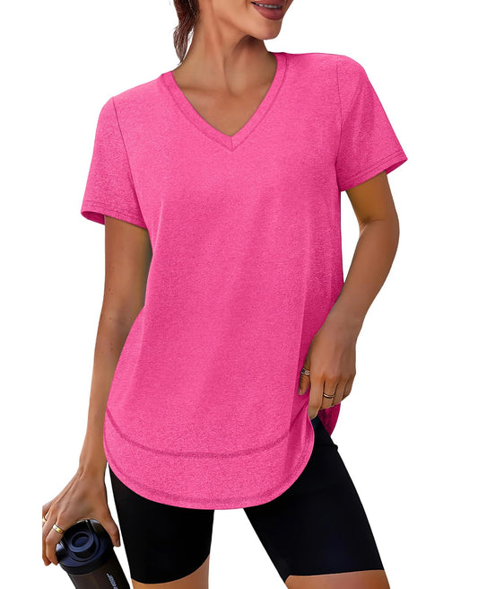 Spring Summer Tops for Women Short Sleeve Hiking Shirts Athleisure Golf Shirt Beach Fashion Curved Hem Loose Fit V Neck Hot Pink 2XL