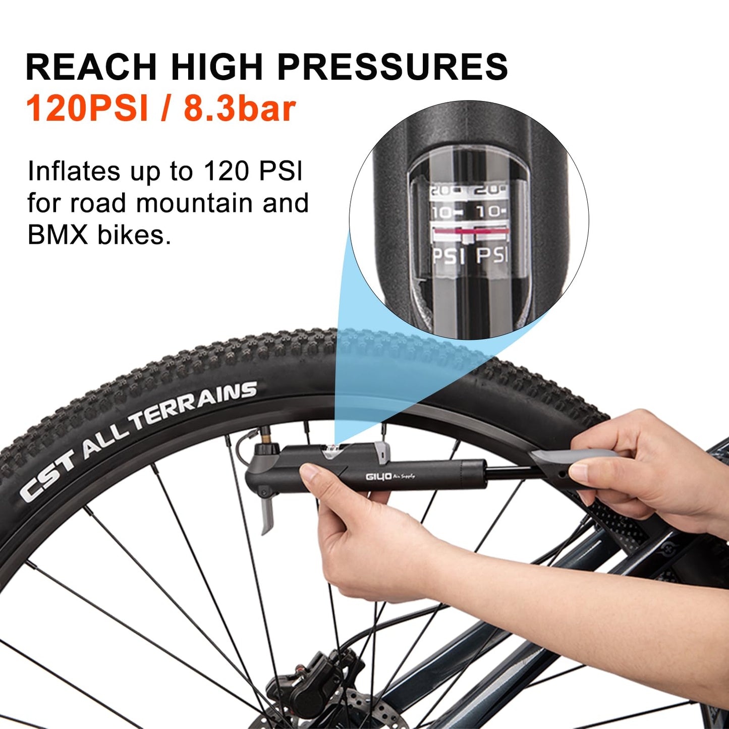 Mini Bike Pump with Pressure Gauge - Presta & Schrader Bike Tire Pump - 100 PSI Portable Bicycle Air Pump for Road & Mountain Bike