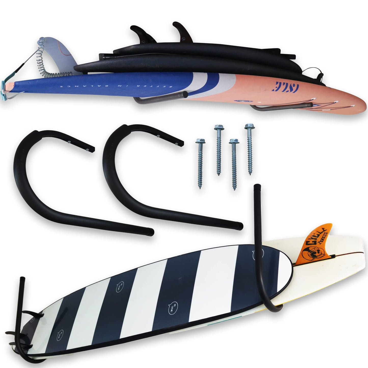 Ho Stevie! Surfboard Ceiling Racks - Free Up Your Floor Space - Hang Up To 3 Surf or SUP Boards - Won’t Rust/Corrode - Heavy Duty 75lbs Max - Easy Installation (Hardware Included)