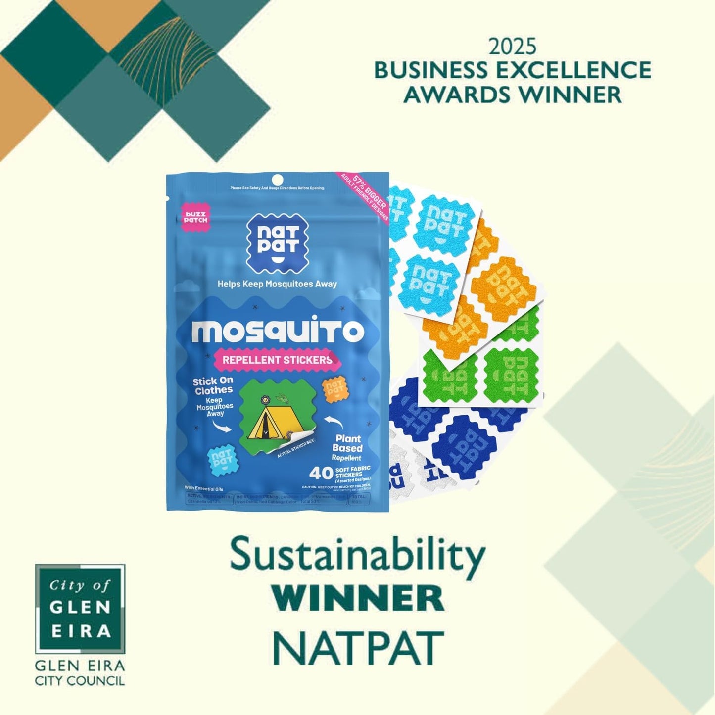 NATPAT BuzzPatch Mosquito Patches for Adults | Plant-Based, Non-Toxic Citronella Insect Relief (40 Pack)