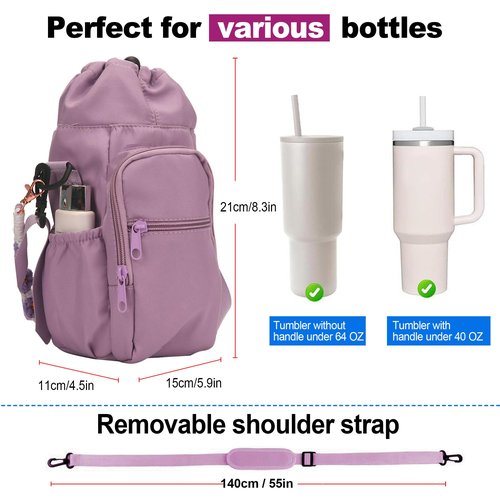 Wongeto Water Bottle Holder with Strap,25oz/40oz/64oz Water Bottle Carrier Sling Bag with Phone Pocket Crossbody Adjustable Shoulder with Hand Strap for Walking(Purple)