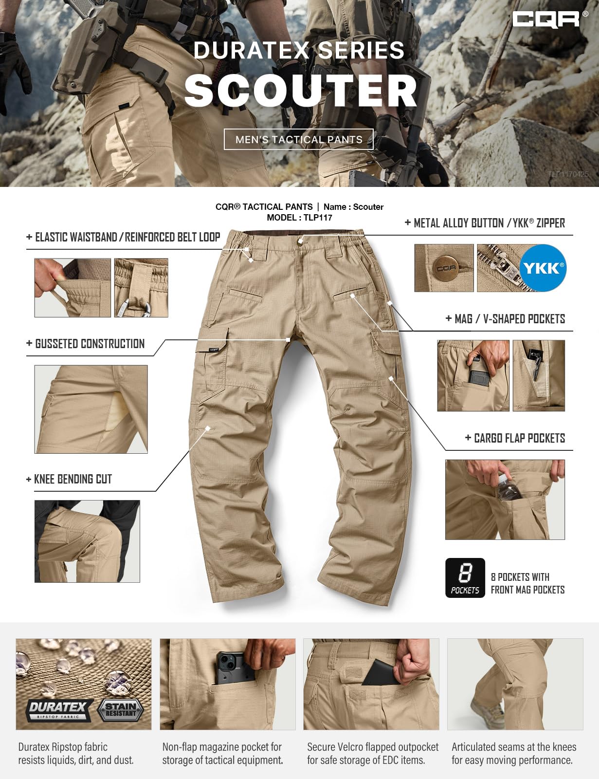 CQR Men's Tactical Pants, Water Resistant Ripstop Cargo Pants, Lightweight EDC Work Hiking Pants, Outdoor Apparel, Raider Khaki, 40W x 30L