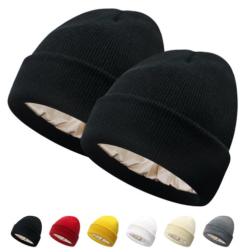 PFFY 2 Packs Satin Lined Beanie for Women Winter Hats Warm Soft Knitted Cuffed Silk Line Skull Cap Black+Black