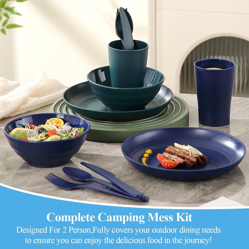 ReaNea Camping Mess Kit for 2 with Bowl, Plate, Cup, Spoon, Fork, Knife and Carry Bag, Plastic Camping Accessories Essentials Gear for Couple Travel, Picnic, Outdoor, Easy to Carry