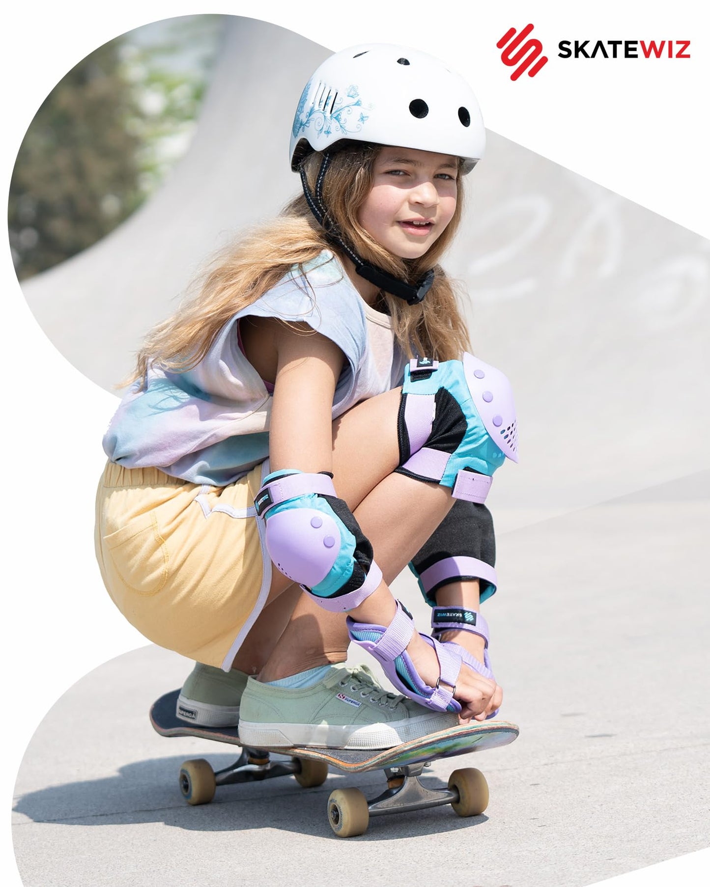 SKATEWIZ Kids Knee Pads and Elbow Pads Set - Wrist Guards for Skateboarding - Smash - Size M/L Blue Purple - Skating Protective Gear, Roller Skates, Skateboard - Ice Skating Kids