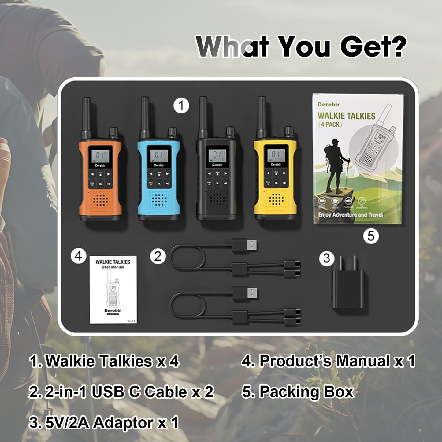Derebir Walkie Talkies for Adults-4 Pack, Rechargeable Walkie Talkies Long Range 22 FRS Channel 2-Way Radios with NOAA Weather Alert,VOX,Flashlight and 1500mAh Li-ion Battery for Family Hiking Camping