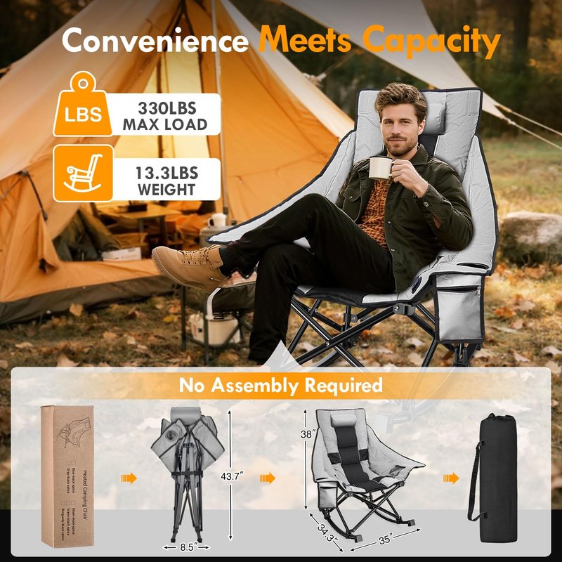 Slendor Oversized Camping Chair with 2000mAh Power Bank, Padded & Pillow Heated Rocking Chair, 3 Adjustable Heat Settings Camping Rocker Chair for Easy Setup and Foldable Storage, Gray