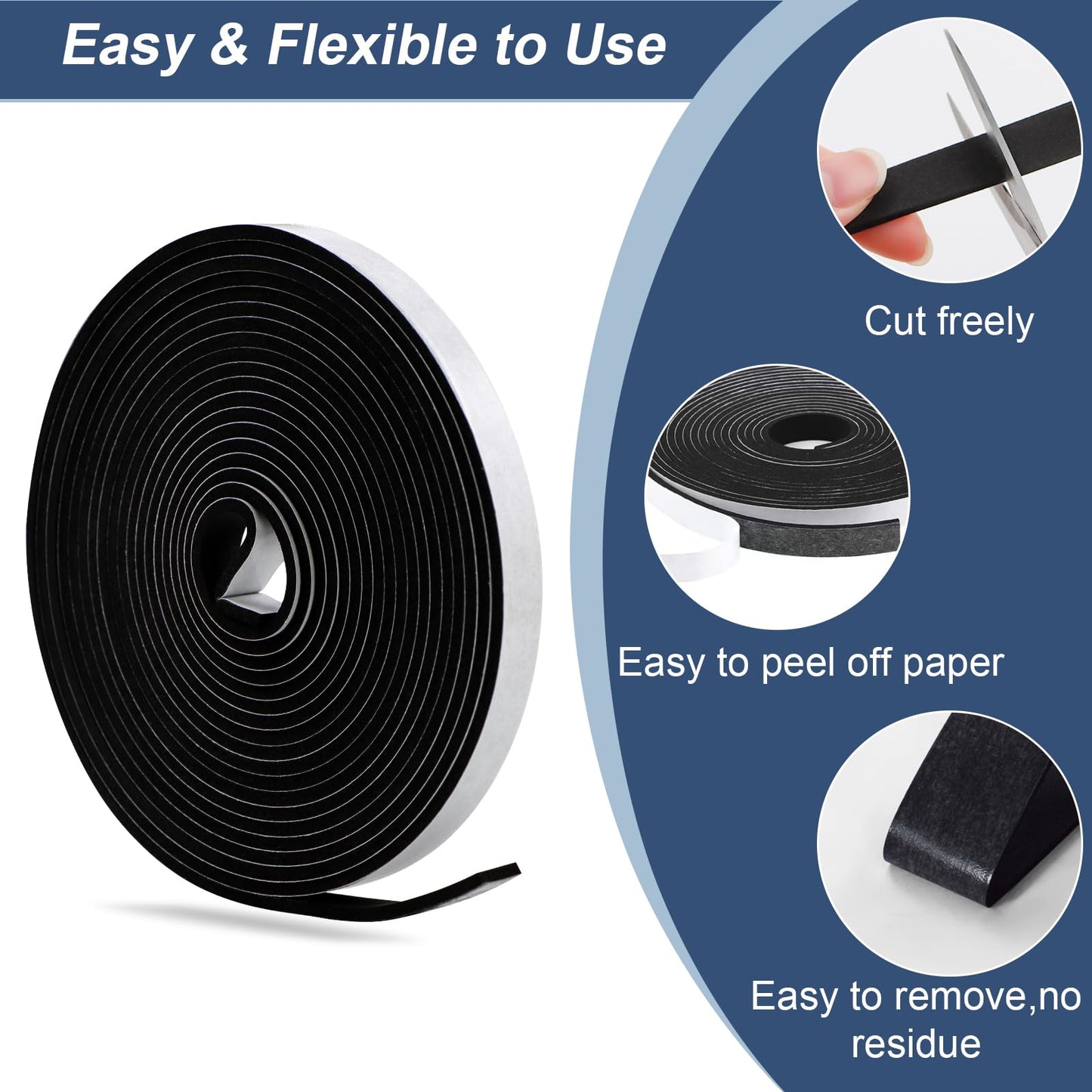 Weather Stripping Door Seal Foam Tape for Doors Windows 1/2 Inch W x 1/8 Inch T 50 FT Strong High Density Foam Insulation Strips Adhesive Tape