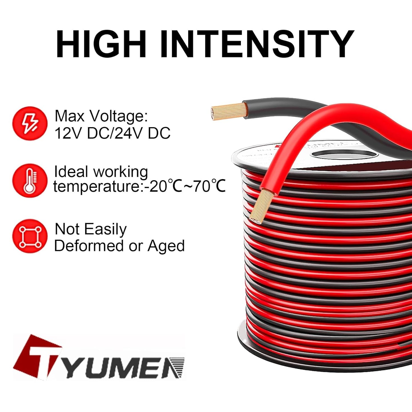 TYUMEN 14/2 Gauge Electrical Wire - 100FT Flexible Hookup Cable for LED Strips | 12V/24V DC