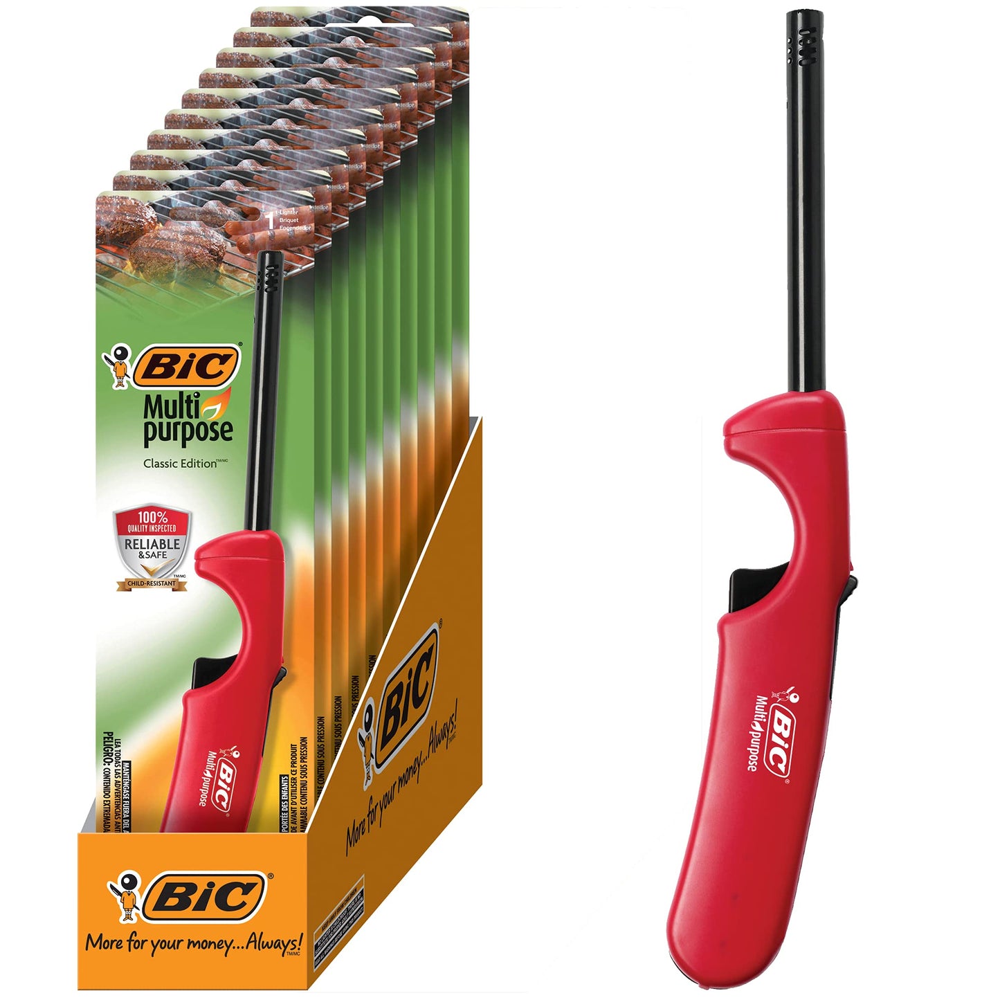 BIC Multi Purpose Lighter with Long Metal Wand, Classic Collection, Great Lighter for Candles, Grills and Fireplaces, 10 Count Pack of Lighters