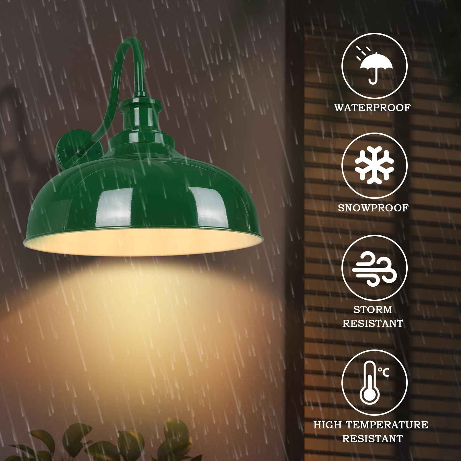 Diyel Outdoor Gooseneck Barn Light, 14 Inch Dome Rustic Outdoor Wall Sconce, Farmhouse Exterior Wall Mount Lighting Fixture, Industrial Green Wall Lantern for Porch, Entryway, Garage, RZ007M GR+WH