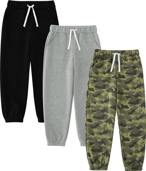 JARMAKO Boys Fleece Sweatpants, 3-Pack Jogger Pants, Forest Camo, Size 8