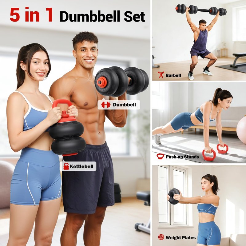 Yoleo Adjustable Dumbbell Set, 45Lbs Free Weight Set with Silent Anti-Collision Air Cushion with Connector, 5-in-1 Dumbbells Set Includes Barbell, Kettlebells, Push up Stand, Weight Plate, Exercise & Fitness Dumbbells Weight Set for Home Gym Suitable Men/