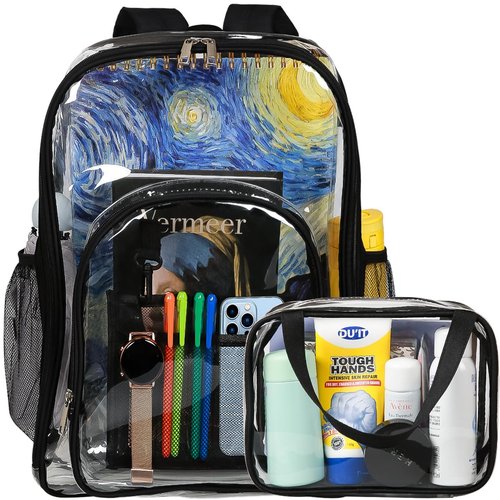 forstree 2 Pieces Heavy Duty Clear Backpack, Black PVC Waterproof Transparent Bag With Cosmetic Bag, See Through Book Bag With Lunch Bag