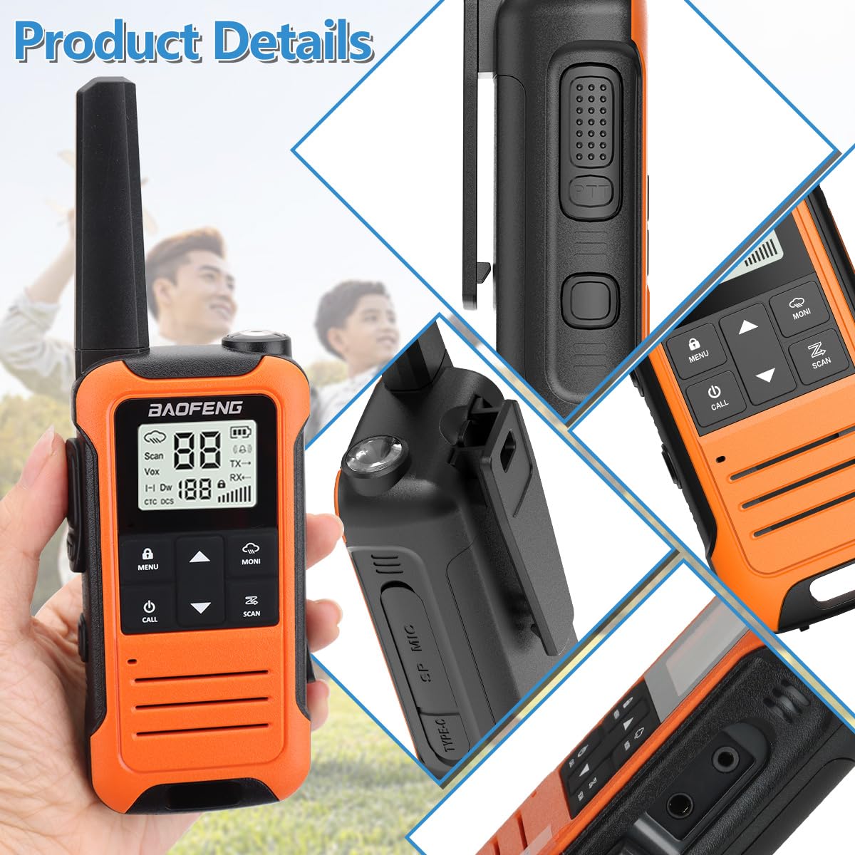 Walkie Talkies Long Range for Adult, Baofeng Radio FRS Portable Rechargeable Walkie Talkie Two Way Radio USB-C Cable 1400mAh Li-ion Battery NOAA VOX Walky Talky for Camping Skiing Hiking 3Pack