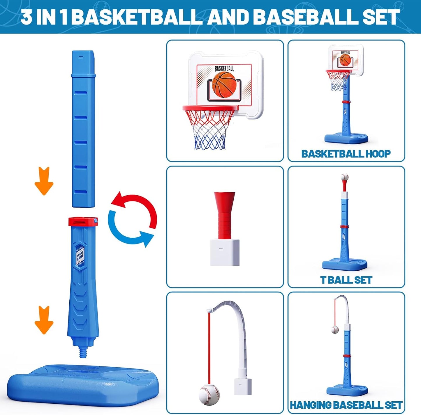 Skiennix 3 in 1 Kids Basketball Hoop & T-Ball Set - Adjustable Height Sports Toys for Ages 3-5 | Blue