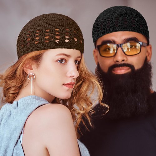 Boyiee Kufi Hat for Men Muslim Knit Kufi Cap Crochet Beanie Skull Beanie African Hat for Men Women(Black,Khaki,Gray, Brown,Classic Style)