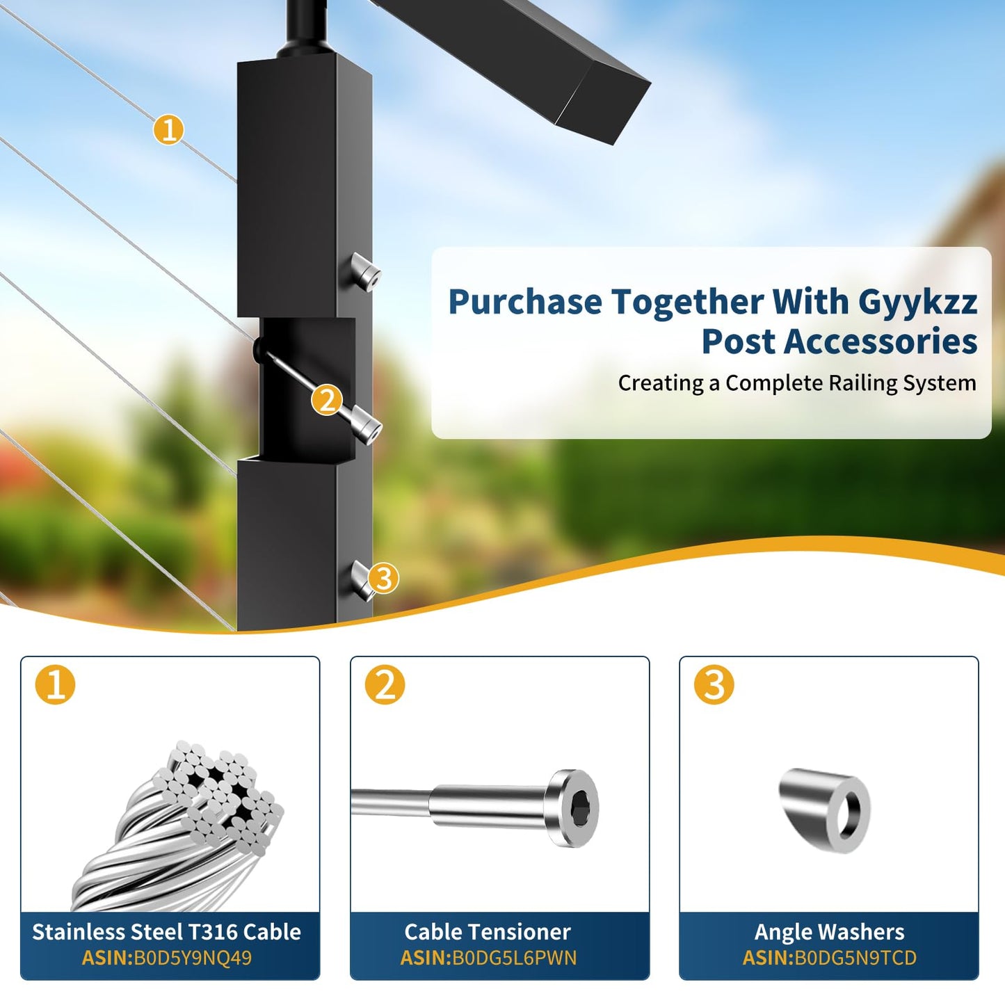 Gyykzz 42" Side Mount Stair Cable Railing Post for 36"-38" Stair Railing, Left Side Space-Saving 33° Drill Stair Handrail Deck Post for Cable Railing System Kit Indoor Outdoor Wood Concrete