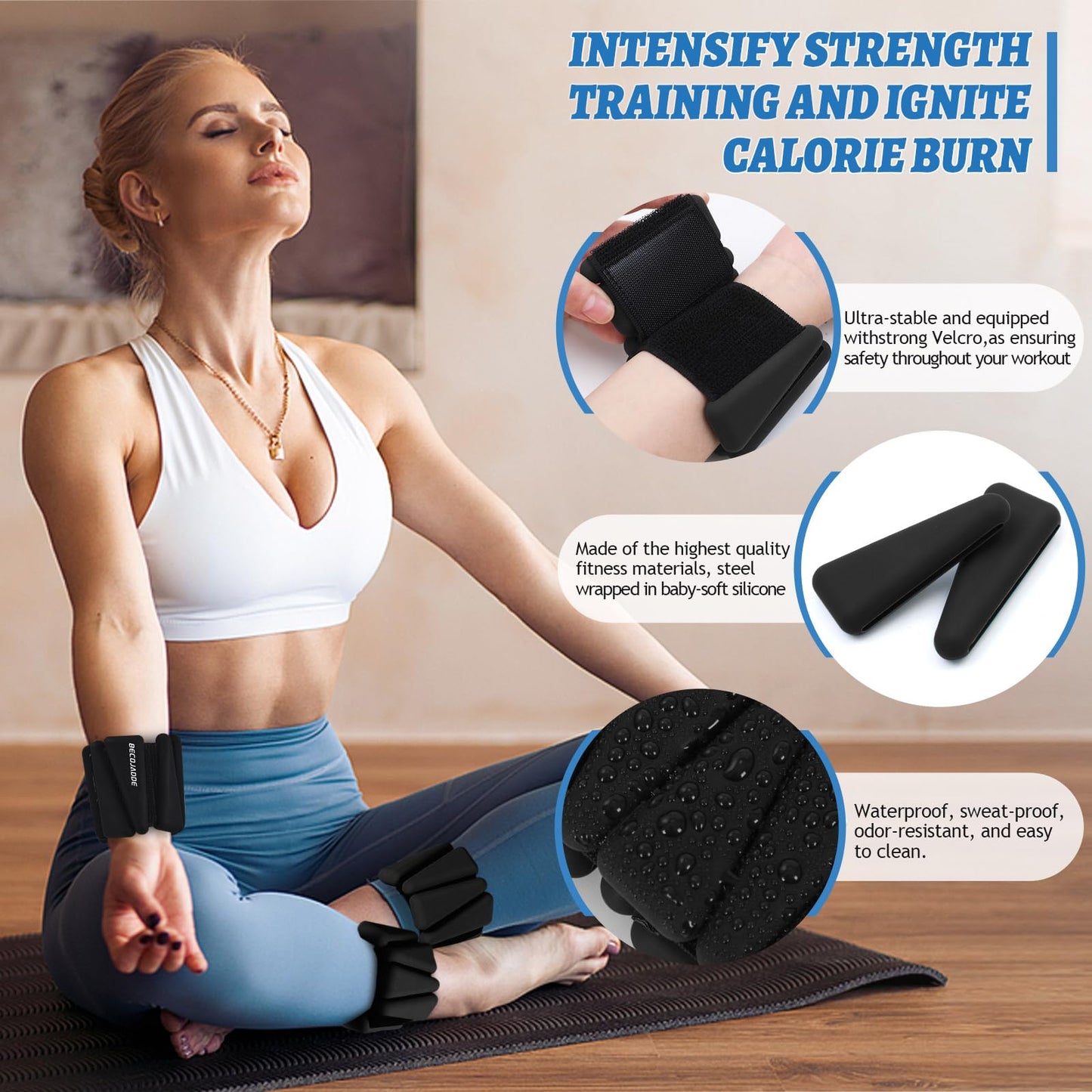 BECOJADDE Ankle Weights Set of 2 (2 lb Each) Adjustable Wrist Weights for Women Men Wearable Arm Leg Weight for Pilates, Running, Walking, Workout, Yoga, Black