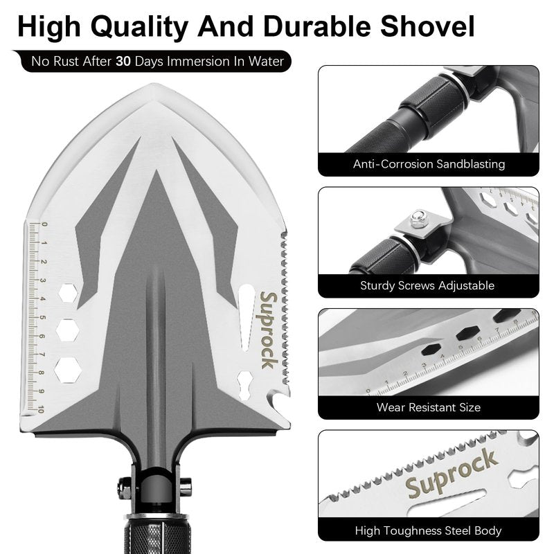 SUPROCK Survival Shovel and Camping Shovel, 30-in-1 Tactical Shovel Axe with High Carbon Steel, Folding Entrenching Tool with Pouch for Emergency, Hiking, Outdoor Gear