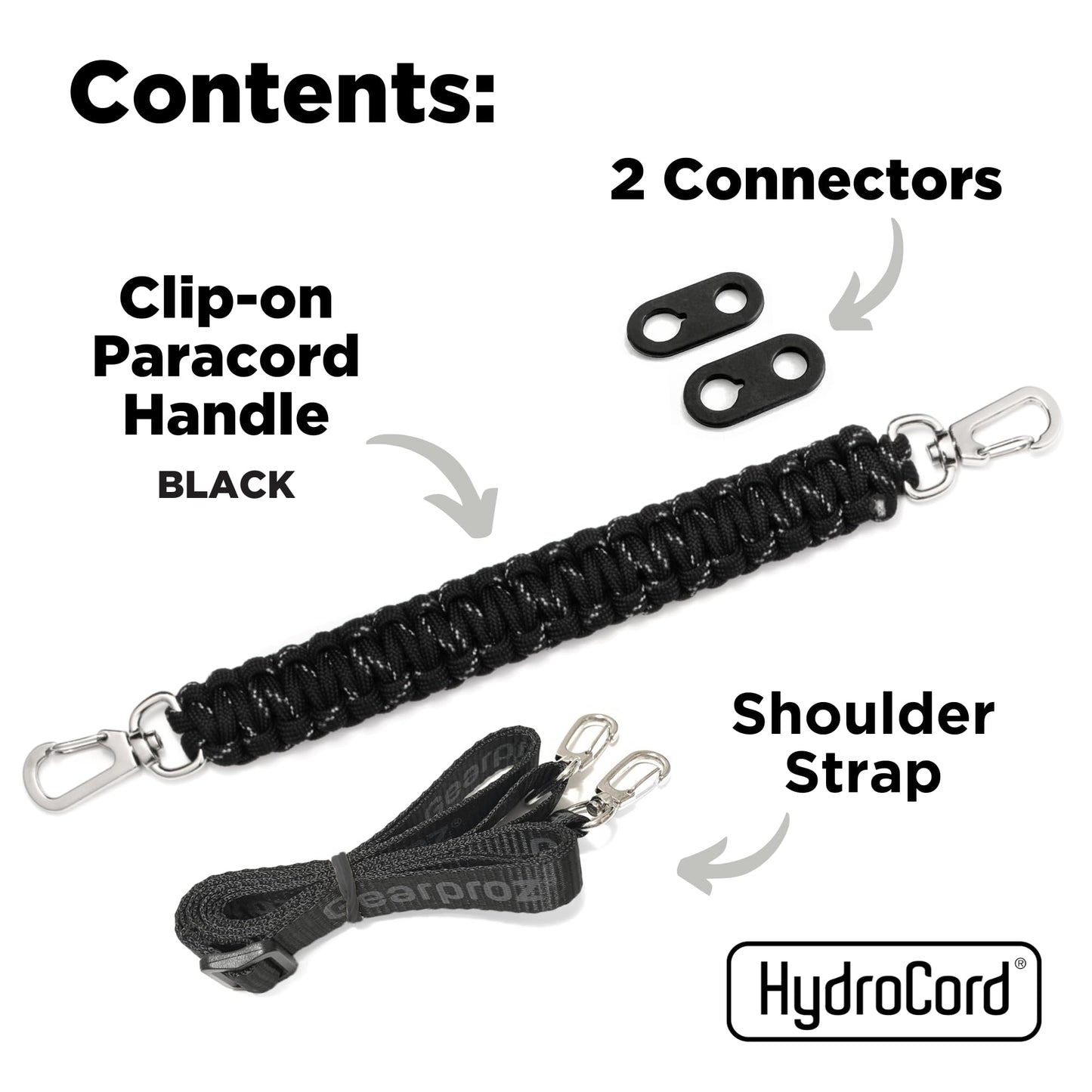 Gearproz HydroCord 3.0 H, Replacement Handle and Clips for Hydroflask Lids with Rivets, Fits Wide Mouth Bottles 12oz-64oz, Shoulder Strap, Water Bottle Handle, Durable Carrier (Black)