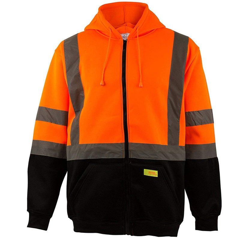 New York Hi-Viz Workwear H9011 Men's ANSI Class 3 High Visibility Class 3 Sweatshirt, Full Zip Hooded, Lightweight, Black Bottom 2XL