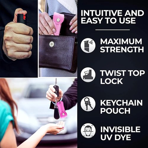 FIGHTSENSE Pepper Spray - Compact 1/2 oz Maximum Strength Formula | Best Self Defense Tool for Women with Leather Pouch Keychain