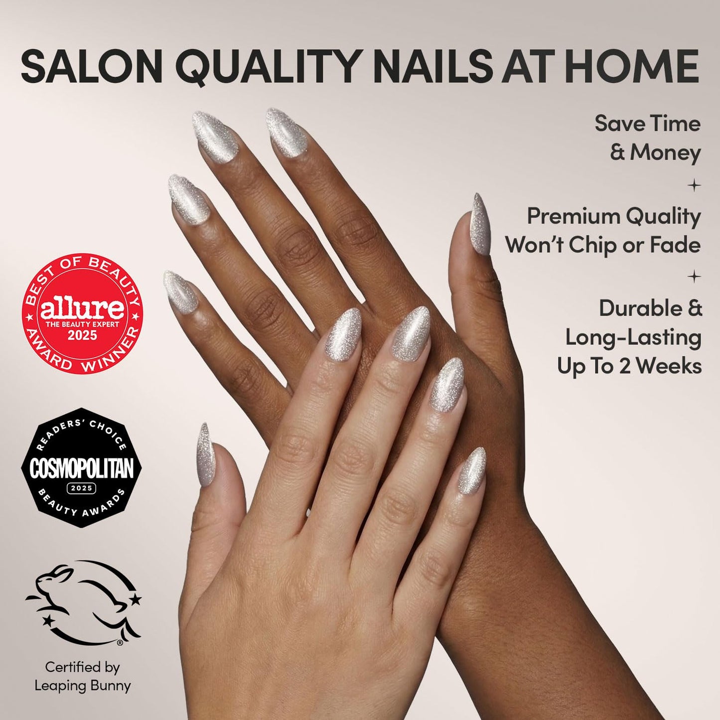 Glamnetic Press On Nails - Oslo | Short Almond Silver Shimmer Fake Nails with a Cat Eye Finish | 15 Sizes - 30 Nail Kit with Glue