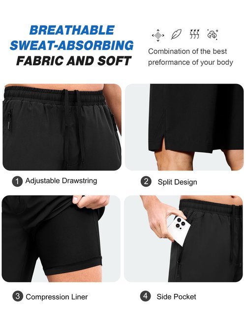 SILKWORLD Mens Athletic Shorts 2 in 1 Quick Dry 9 Inch Running Basketball Shorts Workout Gym Shorts, Black, X-Large