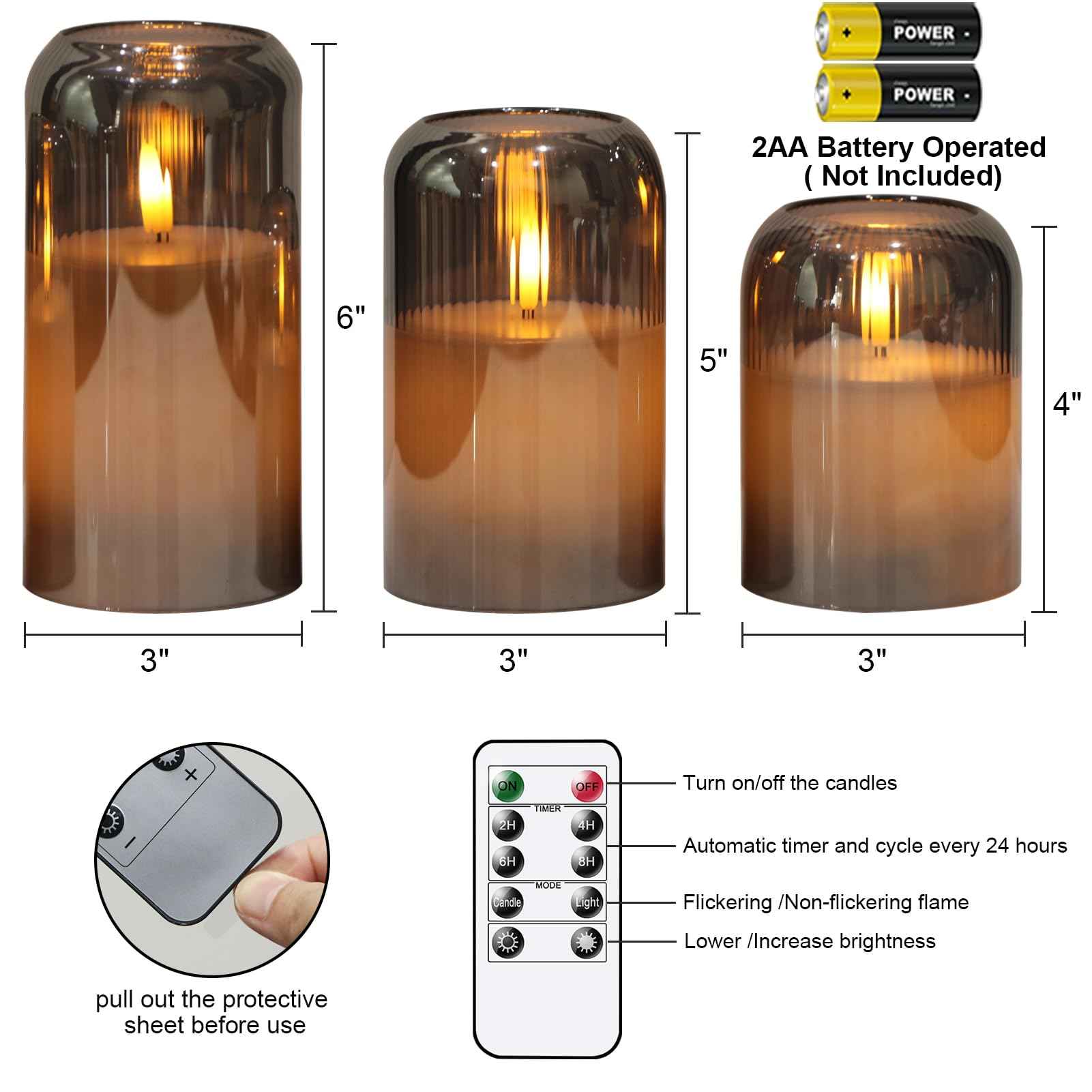 Eldnacele Black Glass Flameless Candles with Remote and Timer, Battery Operated 3D Wick Flickering LED Pillar Candles for Dinner Wedding Holiday Decor (3Pcs, D3×H4/5"/6")