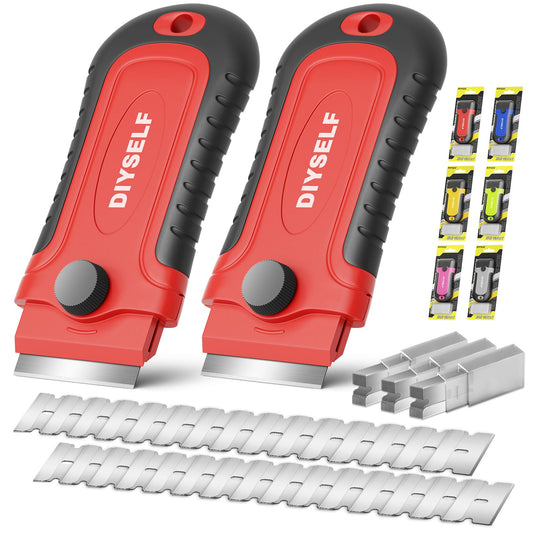 DIYSELF 2 Pack Razor Blade Scraper with 30 Pcs Blades - Scraper Tool - Scraper for Cleaning Stove, Oven, Glass, Kitchen - Paint Scraper - Razor Scraper - Glass Scraper - Glass Stove Top Scraper