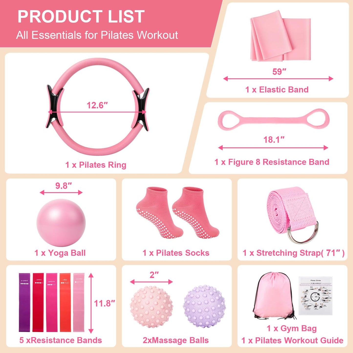 Pilates Ring and Ball Set for Women, Home Workout Pilates Kit, Magic Circle Hoop with 5 Resistance Bands, Pilates Equipment Fitness Essentials Starter Set Accessories (Pink)