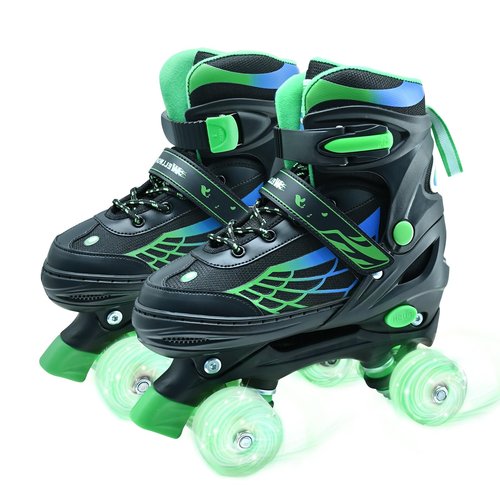 Roller Skates for Kids, Adjustable Quad Skates for Boys and Girls Ages 5-8 with Light Up Wheels, Children Beginners Rollerskates Green for Indoor Outdoor