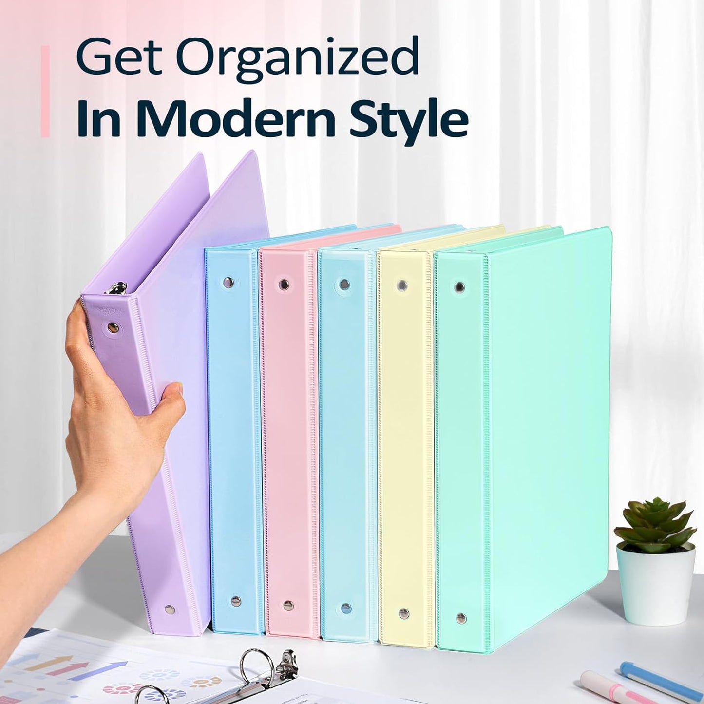 Sooez 1" Three Ring Binders - Extra Durable 6 Pack with Clear View Cover & Pockets | Pastel Colors for School & Office