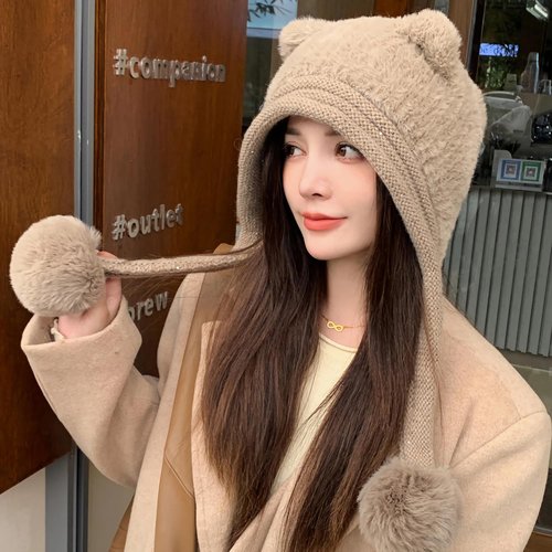 HUAMULAN Women Winter Sherpa Beanie Hats Knit Ear Flaps Peruvian Cover Ears Fleece Lined Ski Snow Hat Pompoms