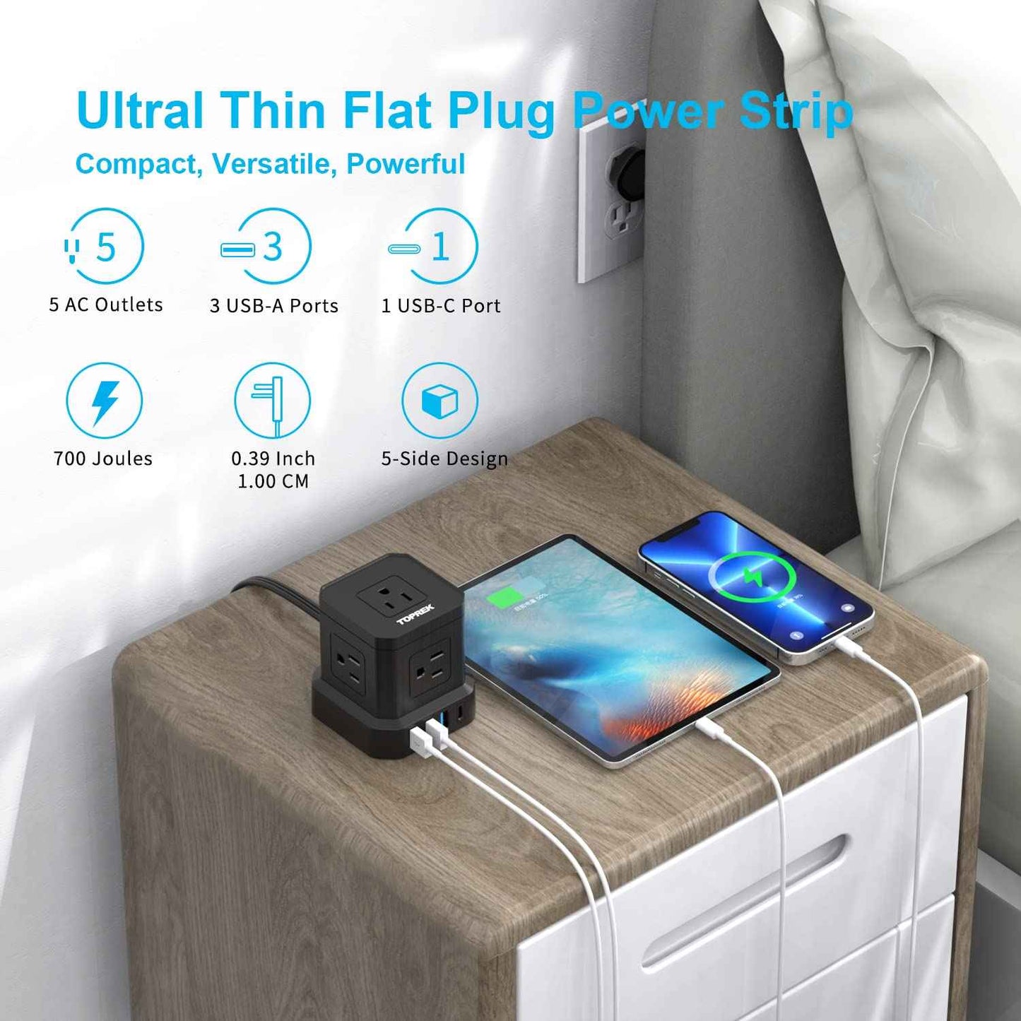 TOPREK Power Strip with USB, USB C (3.0A) Power Strip with 5 Outlets, 1 USB-C & 3 USB-A, 5 FT Flat Extension Cord with Ultra Thin Flat Plug, Surge Protector Compact for Home Office, Dorm, Hotel Travel