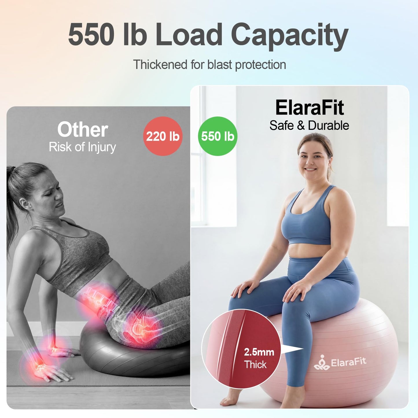 ElaraFit Anti Burst Large Exercise Ball for Yoga Non Slip Pilates Ball with Pump 550 lbs Capacity for Pregnancy, Fitness Size L 23 to 26 inches, About 58 to 65cm (Pink)