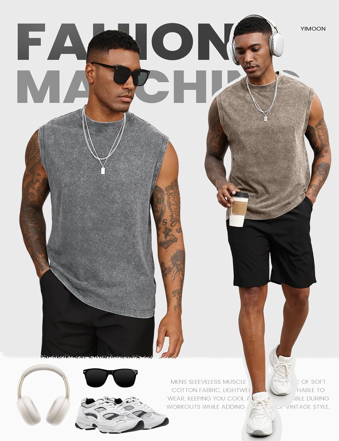 Yimoon Men's Tank Tops - Sleeveless Cotton Workout Tees | Acid Wash Loose Fit Gym Shirts