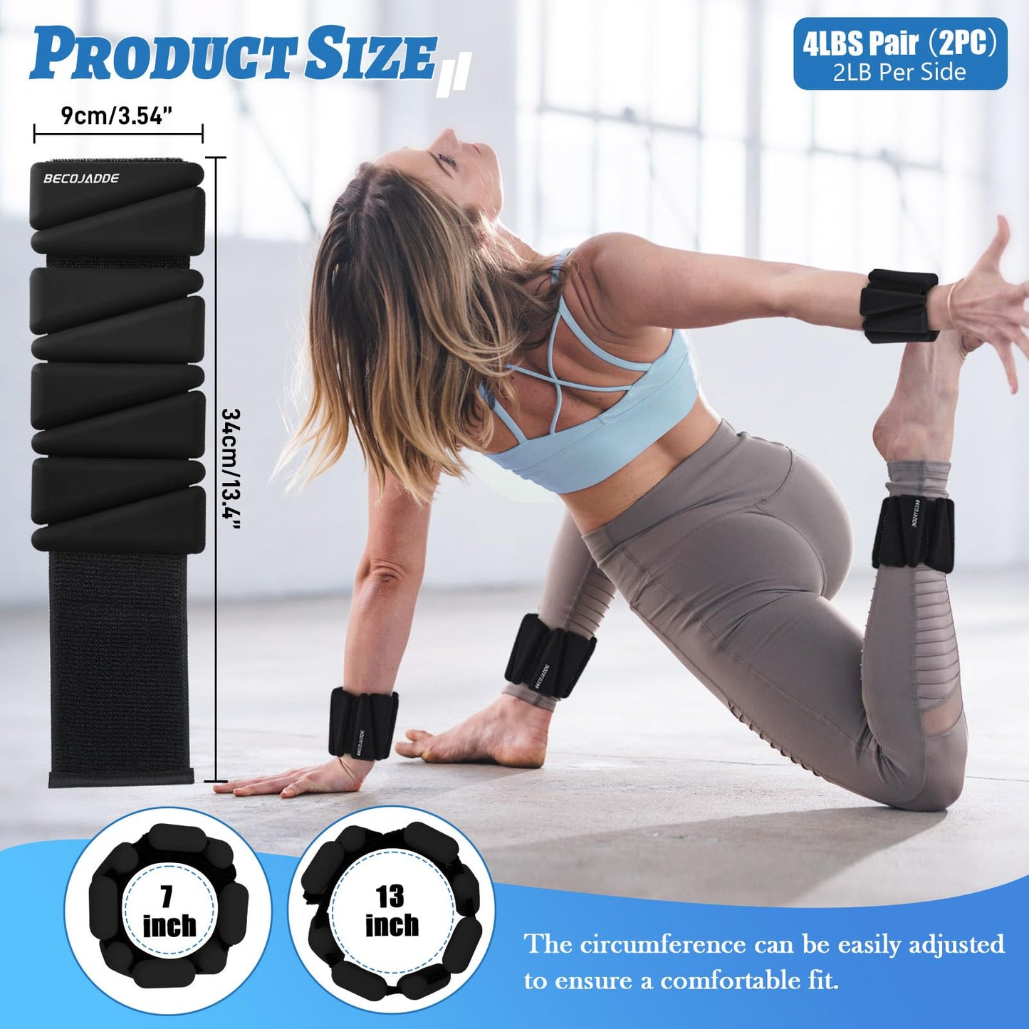 BECOJADDE Ankle Weights Set of 2 (2 lb Each) Adjustable Wrist Weights for Women Men Wearable Arm Leg Weight for Pilates, Running, Walking, Workout, Yoga, Black