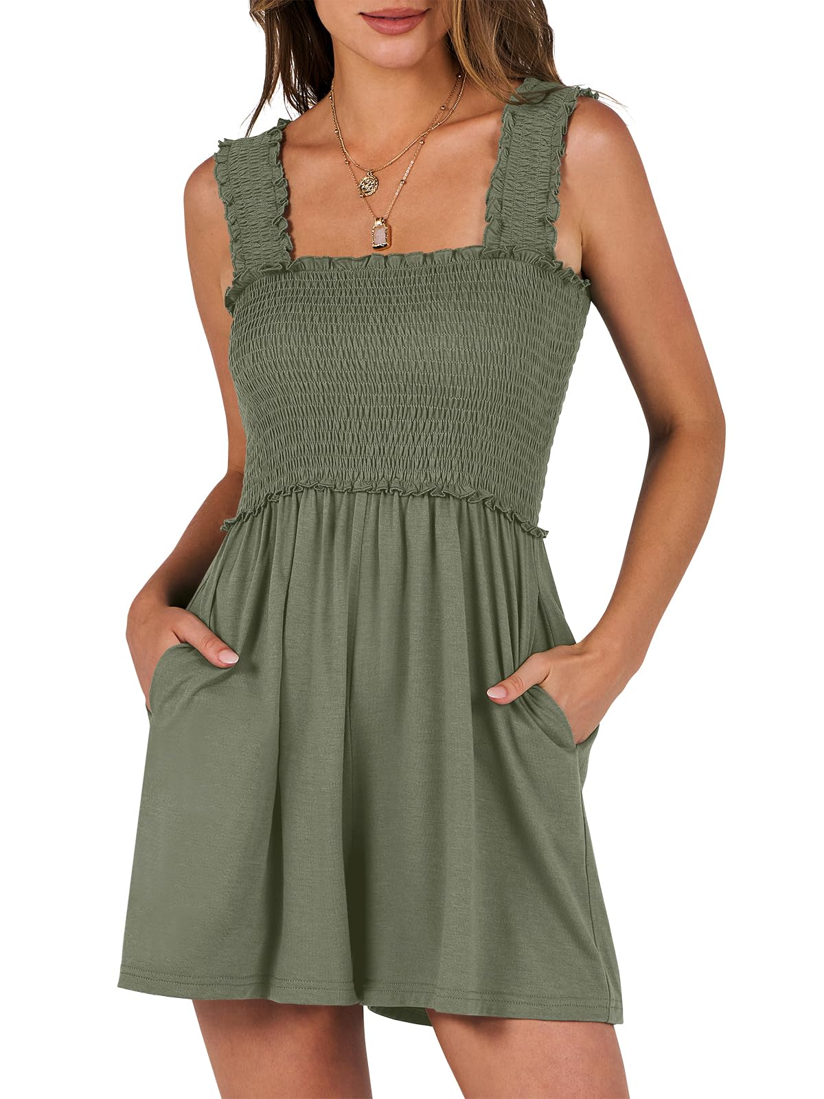 Caracilia Women's Summer Casual Smocked Rompers Square Neck Sleeveless Loose Shorts Jumpsuit 2026 Beach Vacation Outfits