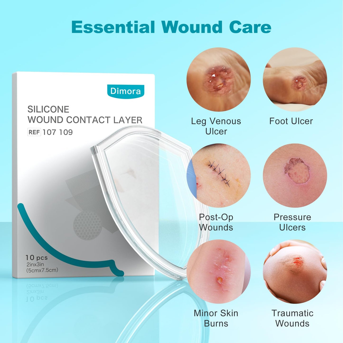 Dimora Wound Contact Layer, Silicone Non-adhering Wound Dressing, Transparent Pads Bandages Sheets for a Wide Range of Exuding Wounds, 2in x 3in (5cm x 7.5cm), 10 pcs